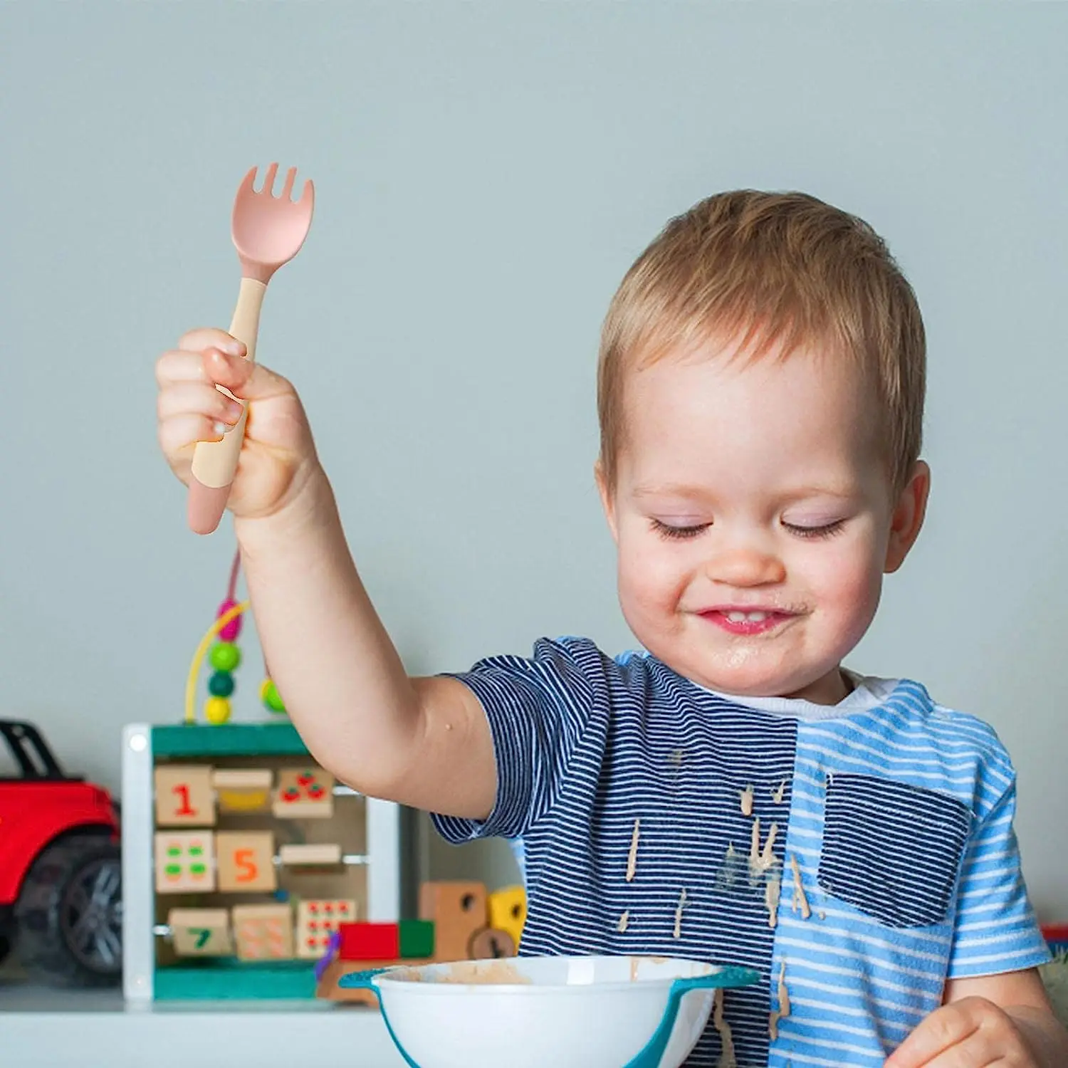 Детская посуда | Гибкие силиконовые самоподающиеся столовые приборы | Детская посуда с круглой ручкой для обучения приему пищи